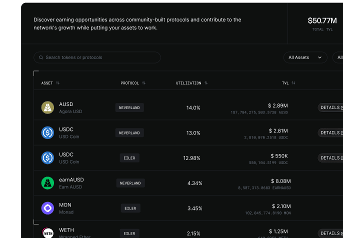 LP.new dashboard showing yield opportunities across Monad protocols