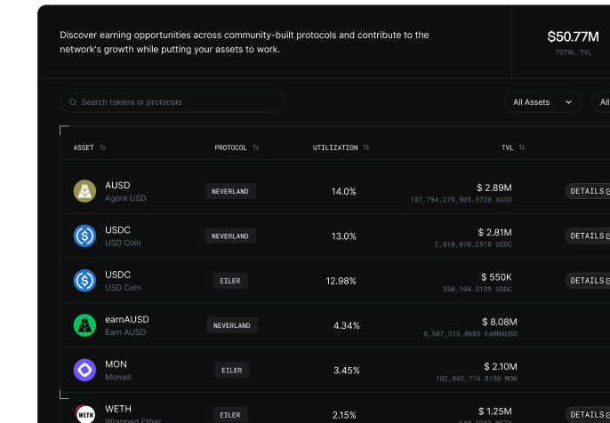 LP.new dashboard showing yield opportunities across Monad protocols